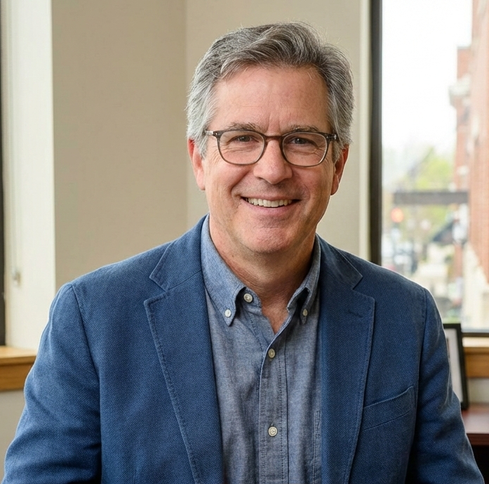 Senior man with gray hair and glasses wearing a blue blazer, smiling confidently in an office setting, representing trusted senior insurance advisors in Los Angeles