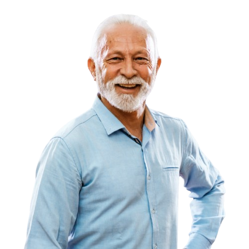 Friendly older gentleman with white hair and beard in a light blue shirt, embodying the approachable service Los Angeles seniors expect from insurance professionals
