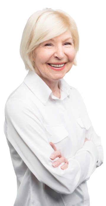 Smiling senior woman with blonde hair in a white blouse, representing confident Los Angeles seniors who have secured their insurance needs